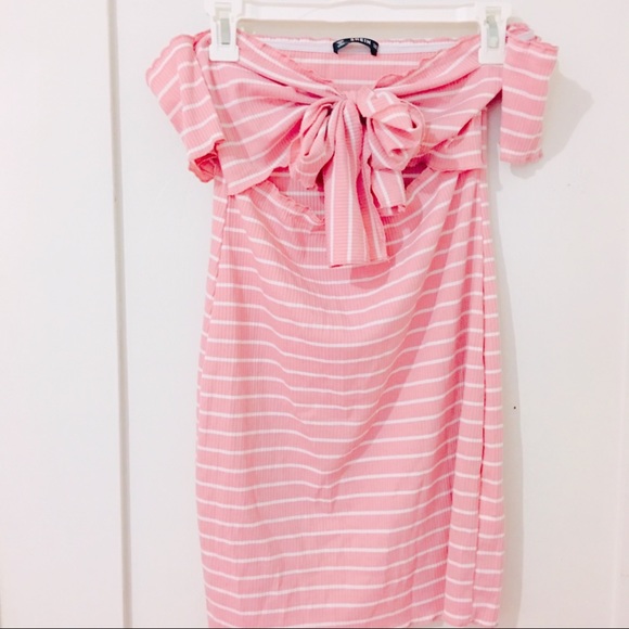Tie Front Off Shoulder Pink Dress - Picture 5 of 6